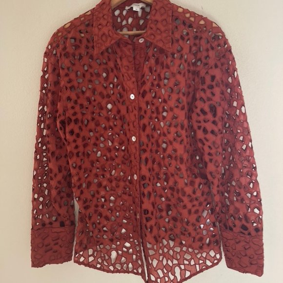 VINCE Burnt Red Large Holed Eyelet Blouse with Camisole is NWOT! SMALL PETITE - Picture 1 of 7